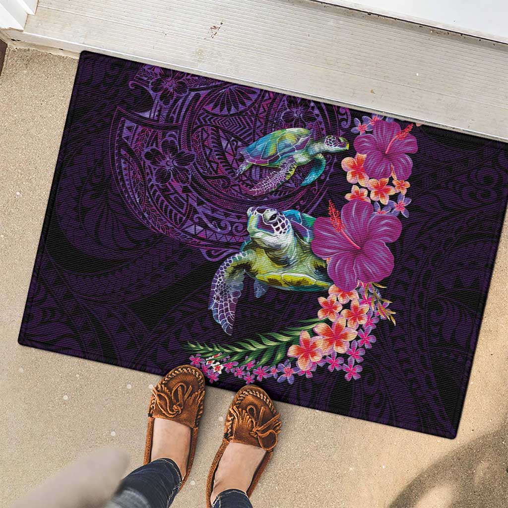 Hawaiian Plumeria and Hibiscus with Turtles Rubber Doormat Polynesian Art Purple Color LT03 - Polynesian Pride