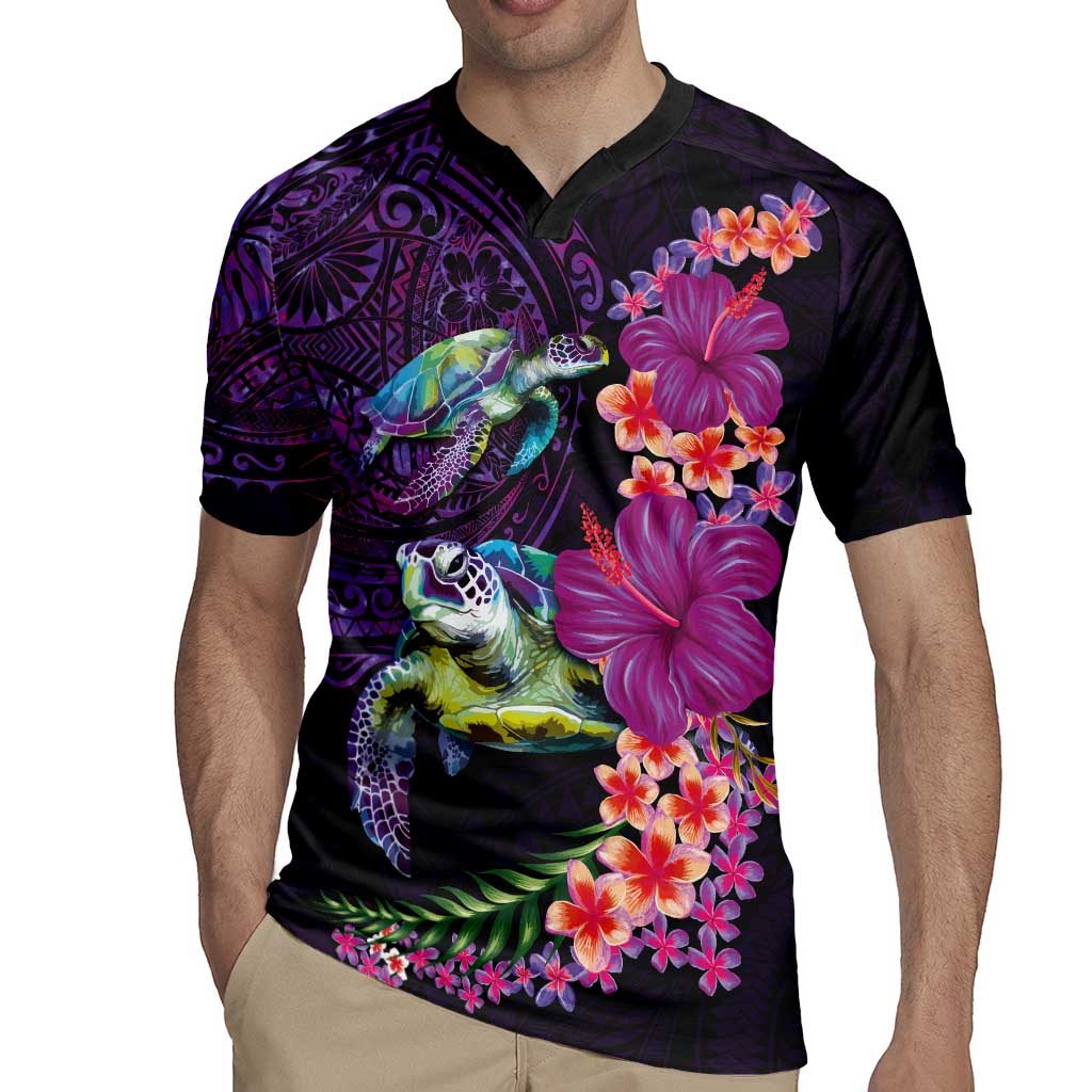 Hawaiian Plumeria and Hibiscus with Turtles Rugby Jersey Polynesian Art Purple Color LT03 - Polynesian Pride