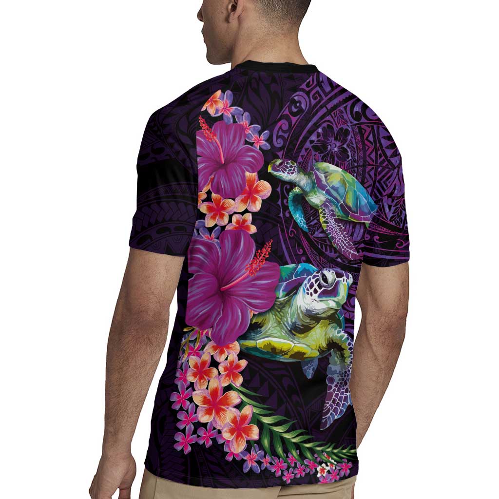 Hawaiian Plumeria and Hibiscus with Turtles Rugby Jersey Polynesian Art Purple Color LT03 - Polynesian Pride