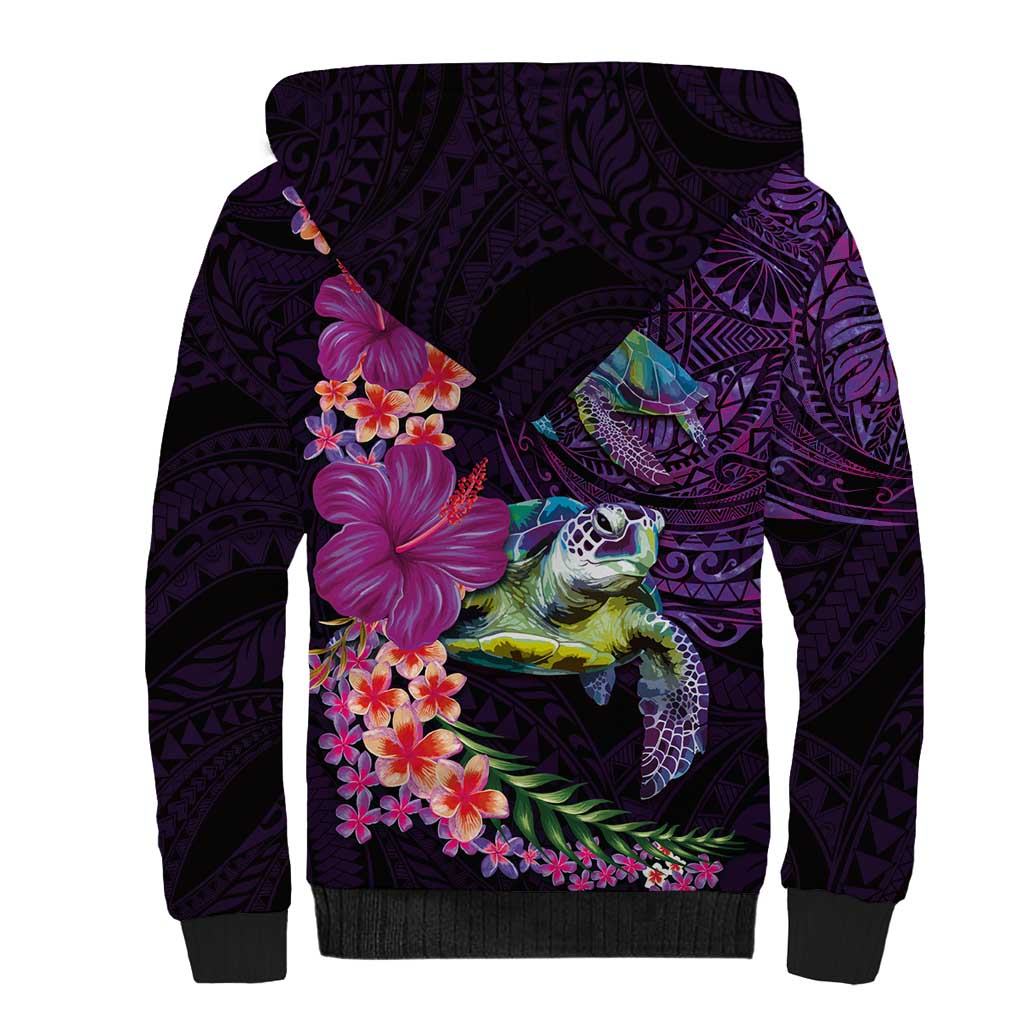 Hawaiian Plumeria and Hibiscus with Turtles Sherpa Hoodie Polynesian Art Purple Color LT03 - Polynesian Pride