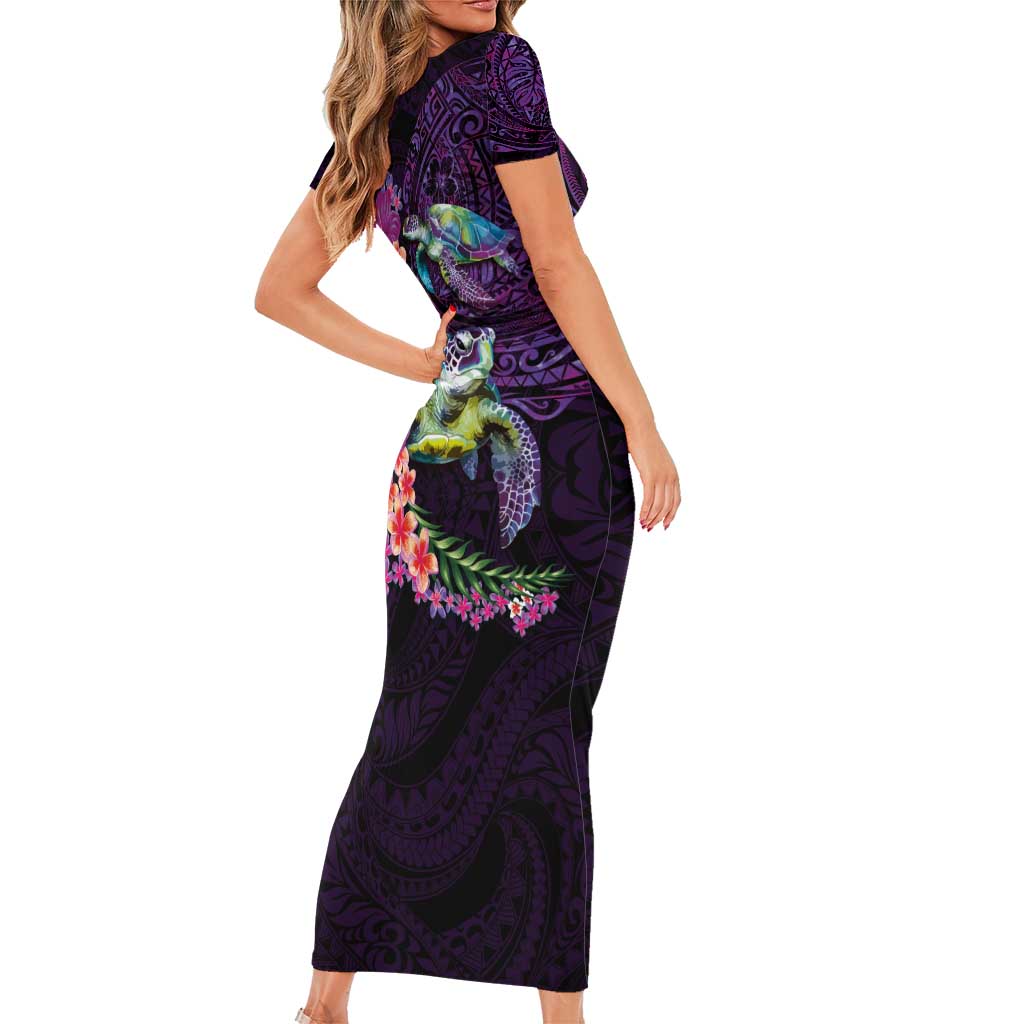 Hawaiian Plumeria and Hibiscus with Turtles Short Sleeve Bodycon Dress Polynesian Art Purple Color LT03 - Polynesian Pride