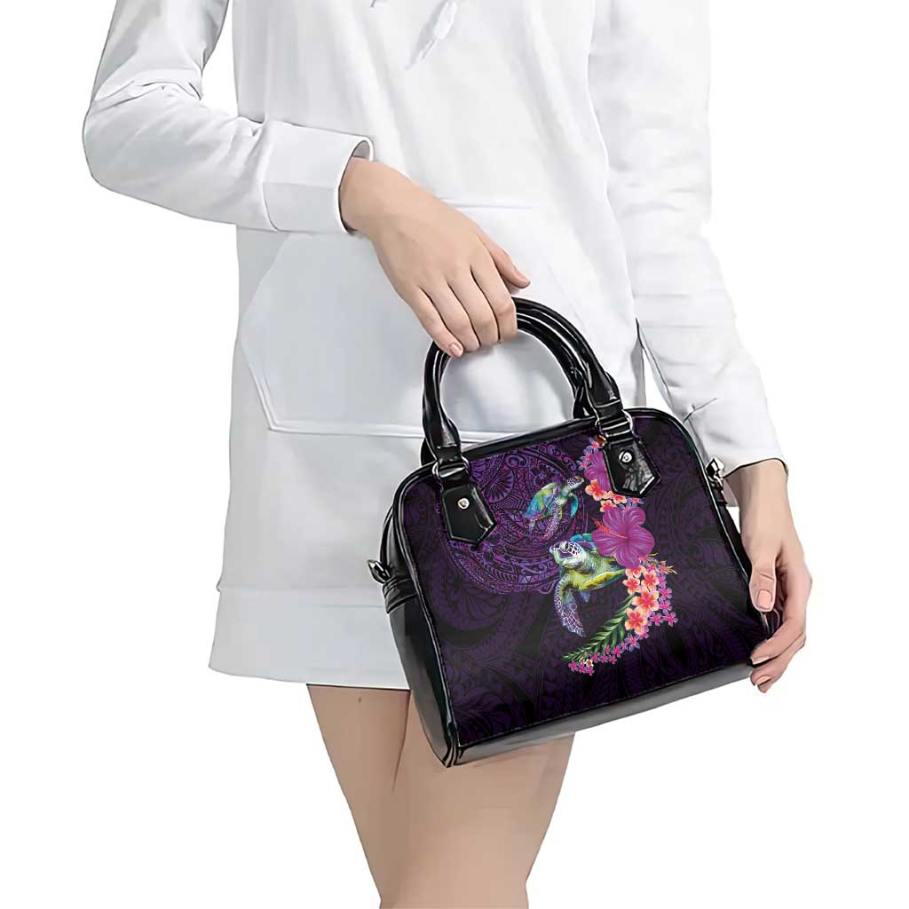 Hawaiian Plumeria and Hibiscus with Turtles Shoulder Handbag Polynesian Art Purple Color LT03 - Polynesian Pride