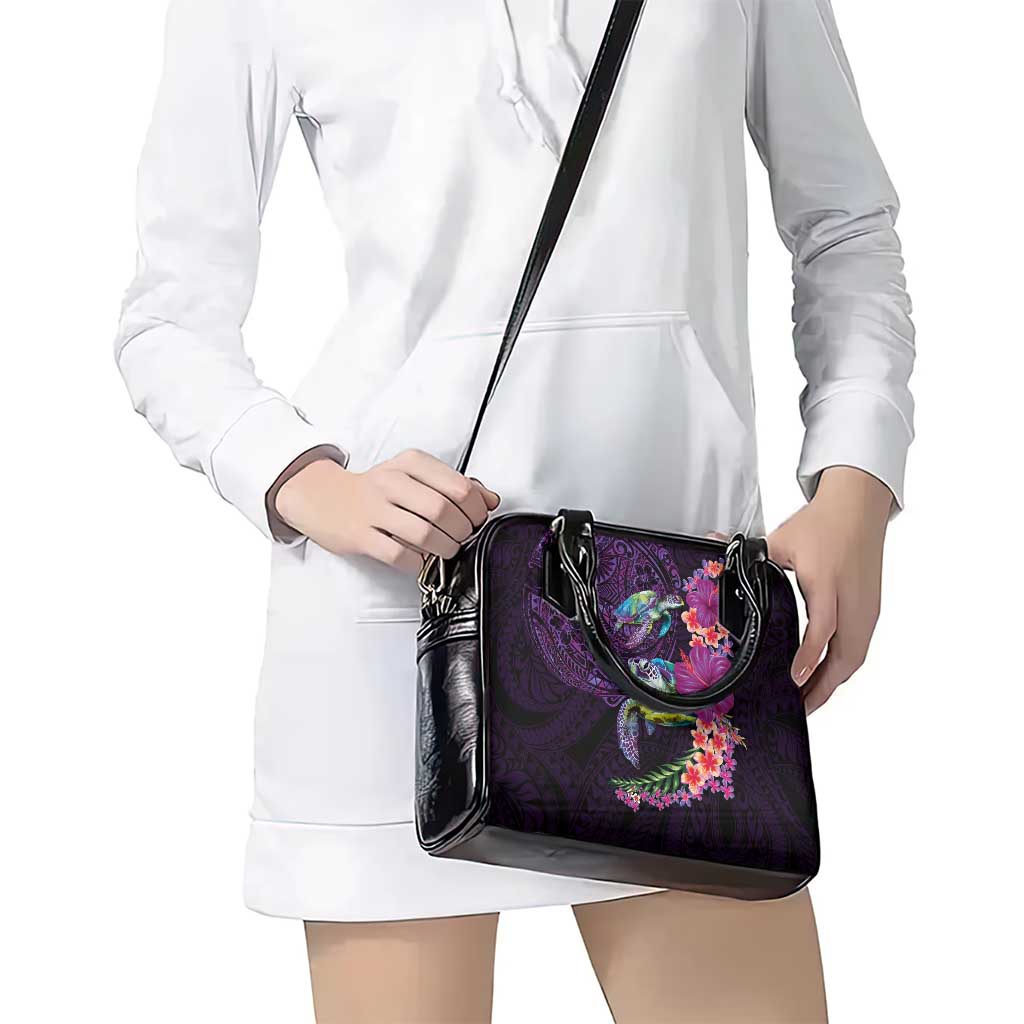 Hawaiian Plumeria and Hibiscus with Turtles Shoulder Handbag Polynesian Art Purple Color LT03 - Polynesian Pride