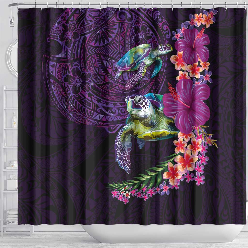 Hawaiian Plumeria and Hibiscus with Turtles Shower Curtain Polynesian Art Purple Color LT03 - Polynesian Pride