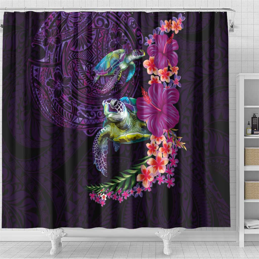 Hawaiian Plumeria and Hibiscus with Turtles Shower Curtain Polynesian Art Purple Color LT03 - Polynesian Pride