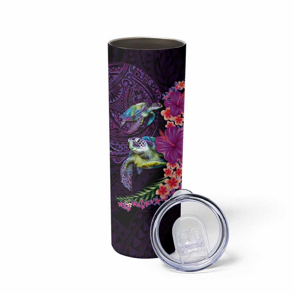 Hawaiian Plumeria and Hibiscus with Turtles Skinny Tumbler Polynesian Art Purple Color LT03 - Polynesian Pride