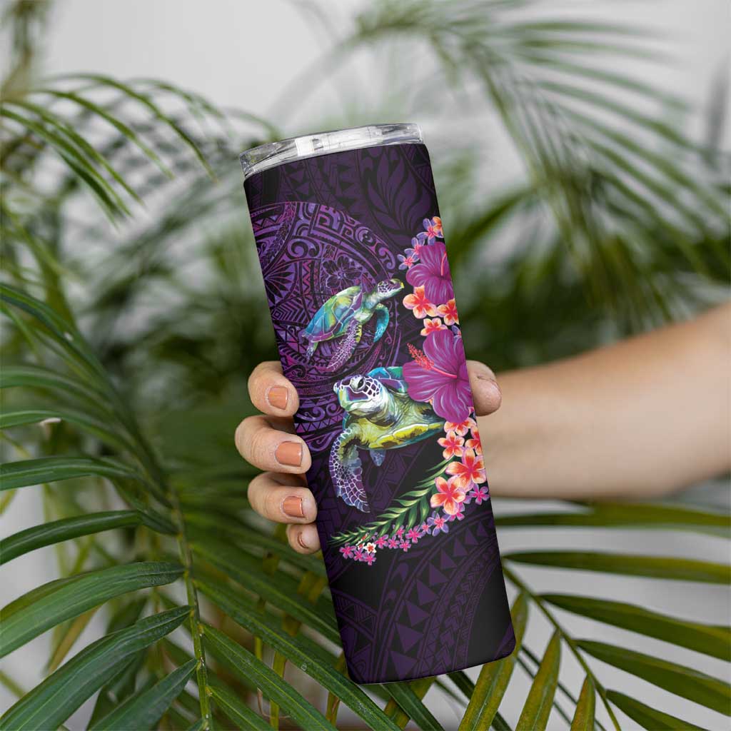 Hawaiian Plumeria and Hibiscus with Turtles Skinny Tumbler Polynesian Art Purple Color LT03 - Polynesian Pride