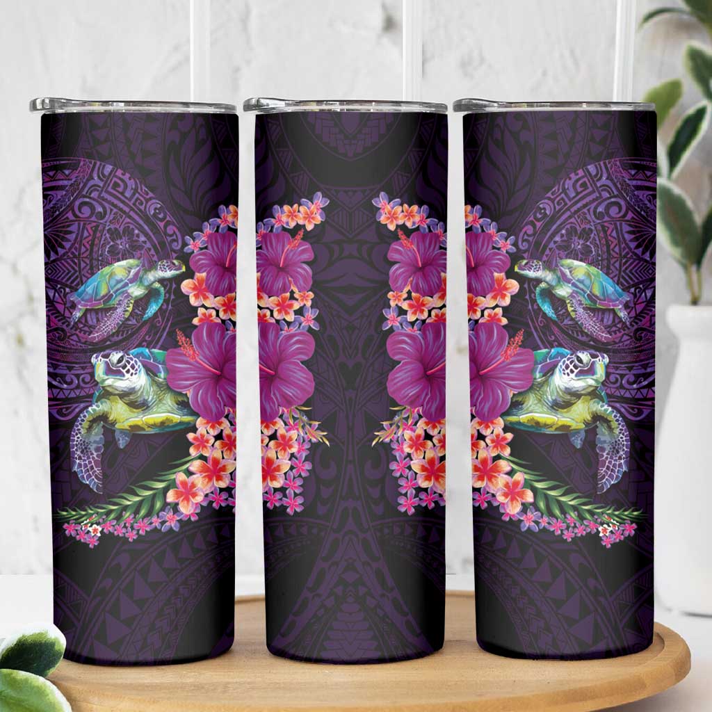 Hawaiian Plumeria and Hibiscus with Turtles Skinny Tumbler Polynesian Art Purple Color LT03 - Polynesian Pride