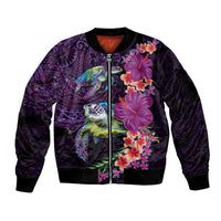 Hawaiian Plumeria and Hibiscus with Turtles Sleeve Zip Bomber Jacket Polynesian Art Purple Color LT03 Unisex Purple - Polynesian Pride