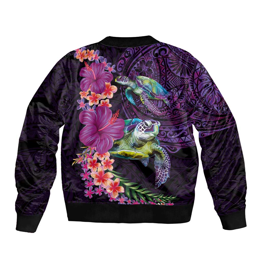 Hawaiian Plumeria and Hibiscus with Turtles Sleeve Zip Bomber Jacket Polynesian Art Purple Color LT03 - Polynesian Pride