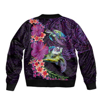 Hawaiian Plumeria and Hibiscus with Turtles Sleeve Zip Bomber Jacket Polynesian Art Purple Color LT03 - Polynesian Pride