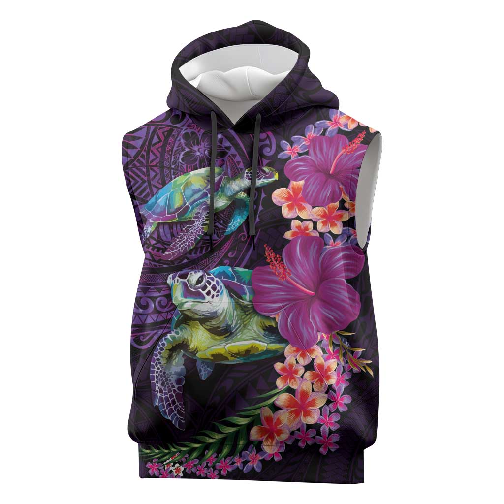 Hawaiian Plumeria and Hibiscus with Turtles Sleeveless Hoodie Polynesian Art Purple Color LT03 Purple - Polynesian Pride