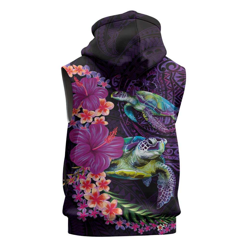 Hawaiian Plumeria and Hibiscus with Turtles Sleeveless Hoodie Polynesian Art Purple Color LT03 - Polynesian Pride