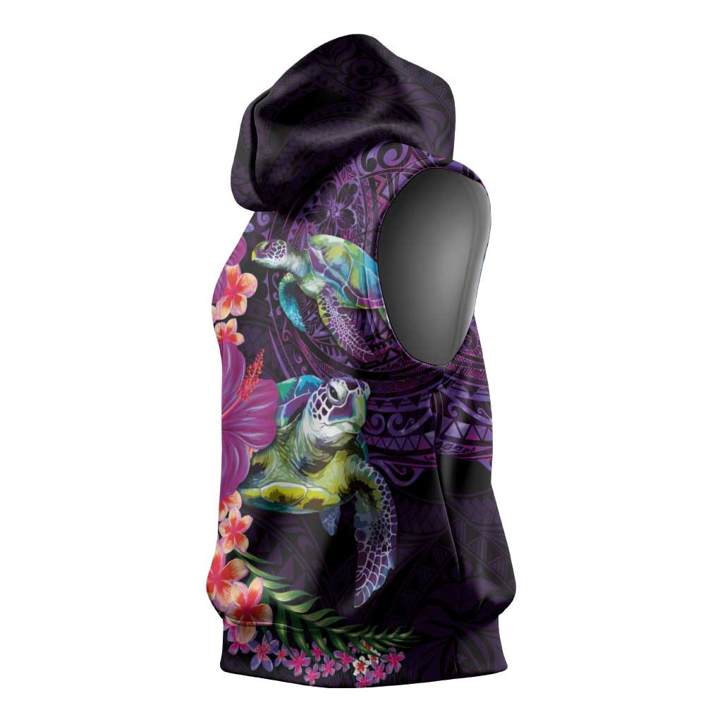Hawaiian Plumeria and Hibiscus with Turtles Sleeveless Hoodie Polynesian Art Purple Color LT03 - Polynesian Pride