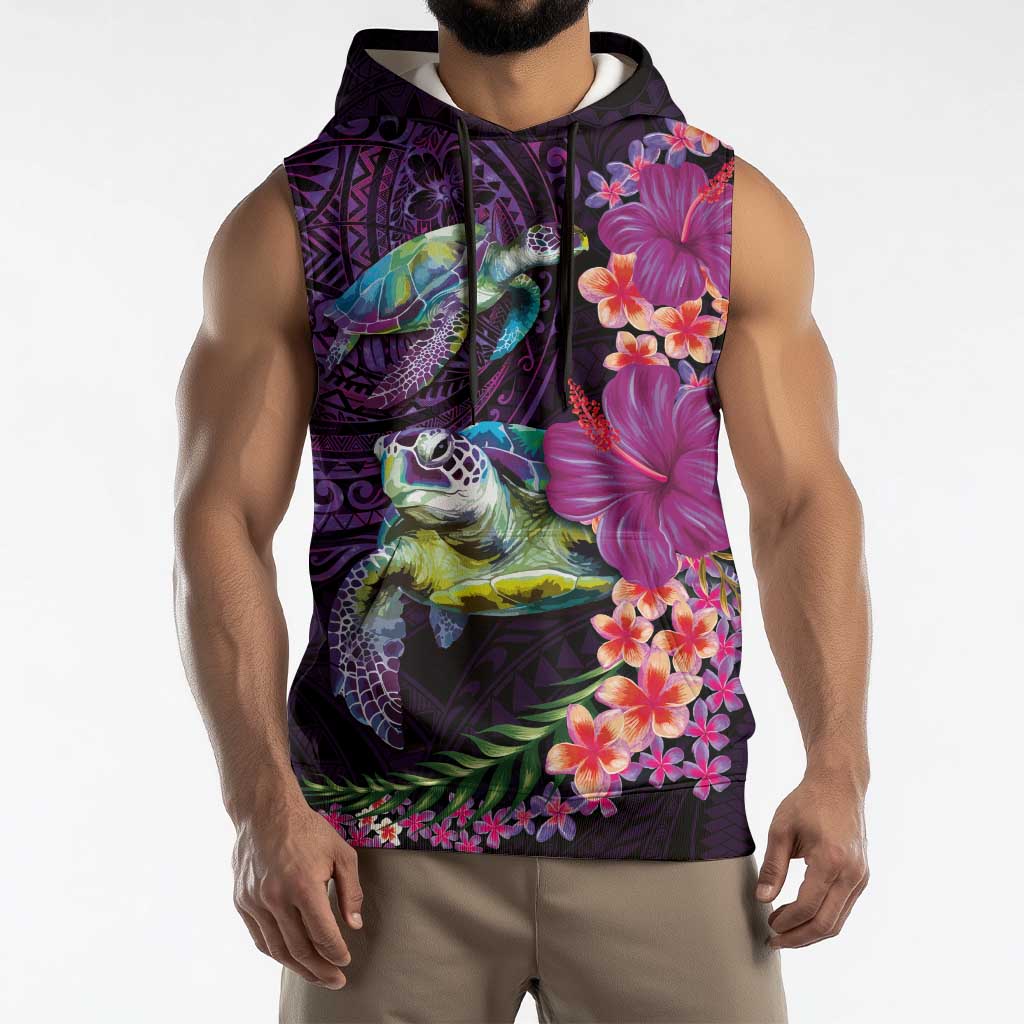 Hawaiian Plumeria and Hibiscus with Turtles Sleeveless Hoodie Polynesian Art Purple Color LT03 - Polynesian Pride
