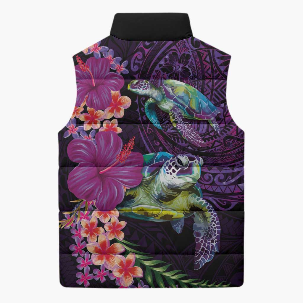 Hawaiian Plumeria and Hibiscus with Turtles Sleeveless Puffer Jacket Polynesian Art Purple Color LT03 - Polynesian Pride