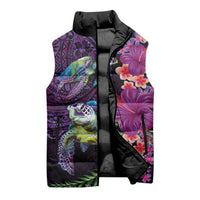Hawaiian Plumeria and Hibiscus with Turtles Sleeveless Puffer Jacket Polynesian Art Purple Color LT03 - Polynesian Pride