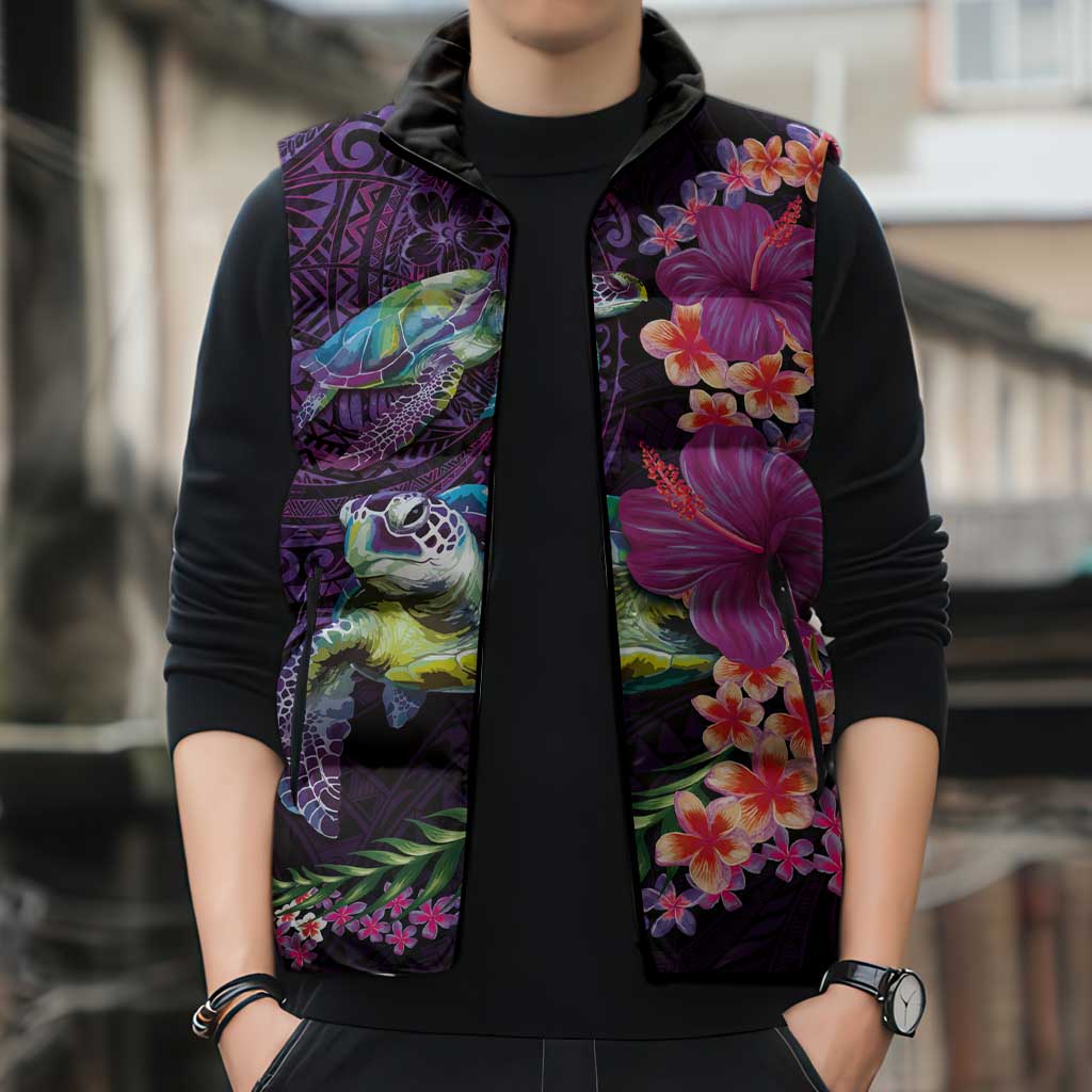 Hawaiian Plumeria and Hibiscus with Turtles Sleeveless Puffer Jacket Polynesian Art Purple Color LT03 - Polynesian Pride