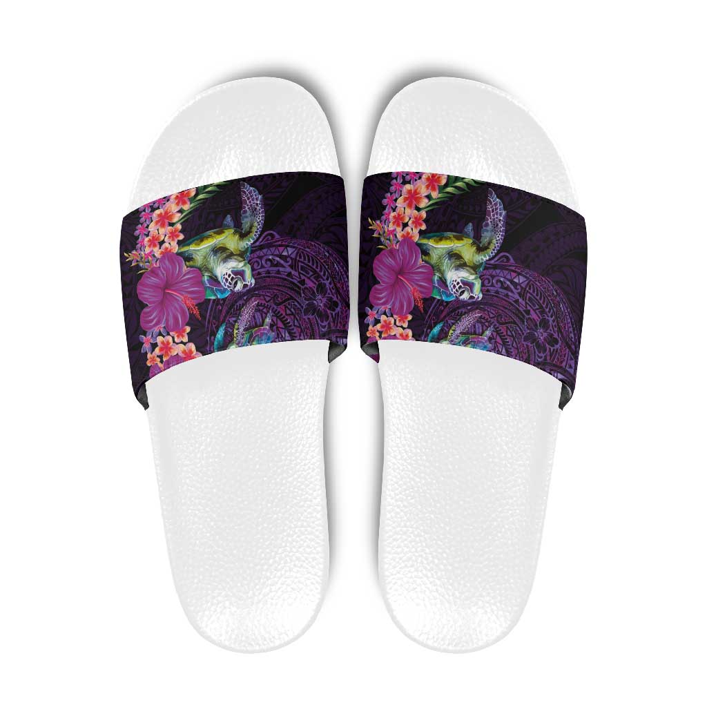 Hawaiian Plumeria and Hibiscus with Turtles Slide Sandals Polynesian Art Purple Color LT03 Purple - Polynesian Pride
