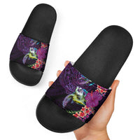 Hawaiian Plumeria and Hibiscus with Turtles Slide Sandals Polynesian Art Purple Color LT03 - Polynesian Pride