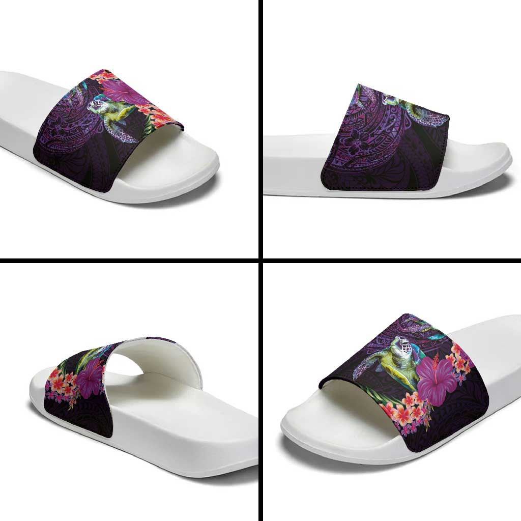 Hawaiian Plumeria and Hibiscus with Turtles Slide Sandals Polynesian Art Purple Color LT03 - Polynesian Pride