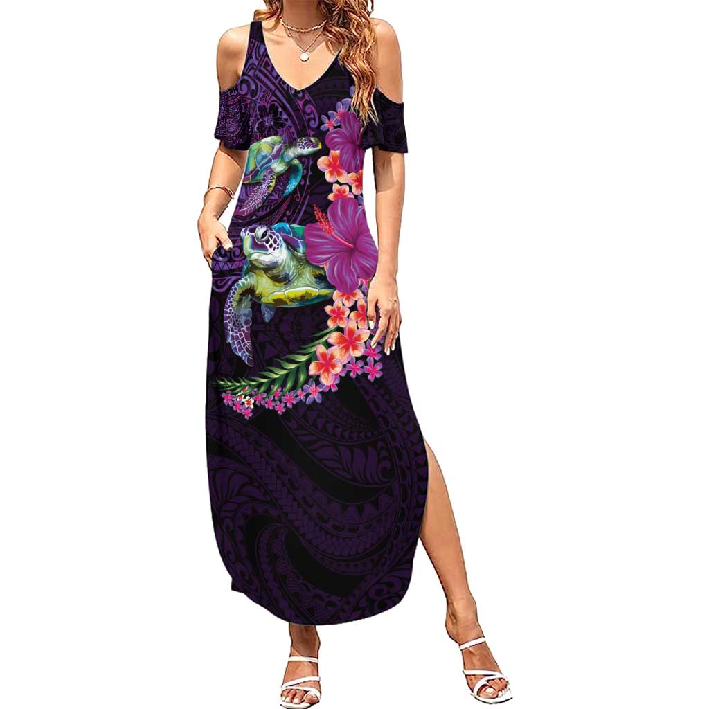 Hawaiian Plumeria and Hibiscus with Turtles Summer Maxi Dress Polynesian Art Purple Color LT03 Women Purple - Polynesian Pride