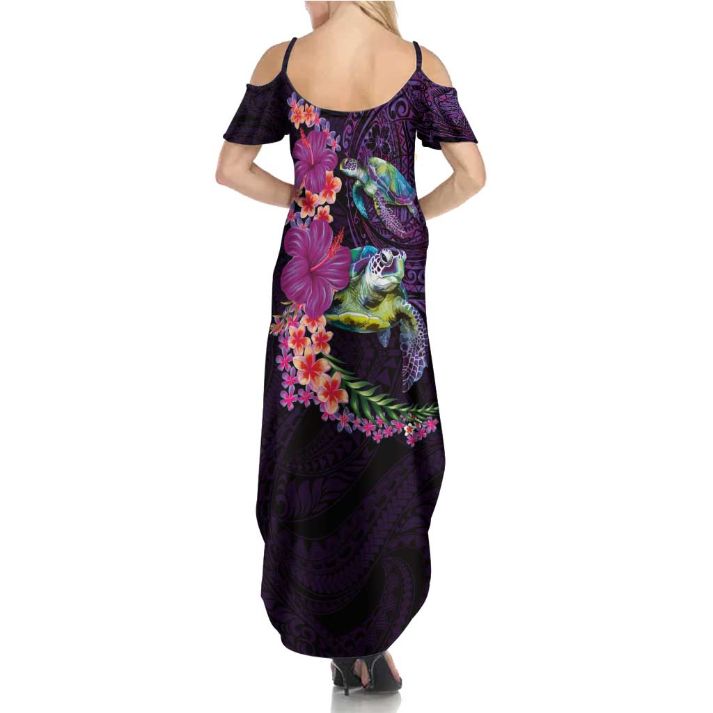 Hawaiian Plumeria and Hibiscus with Turtles Summer Maxi Dress Polynesian Art Purple Color LT03 - Polynesian Pride