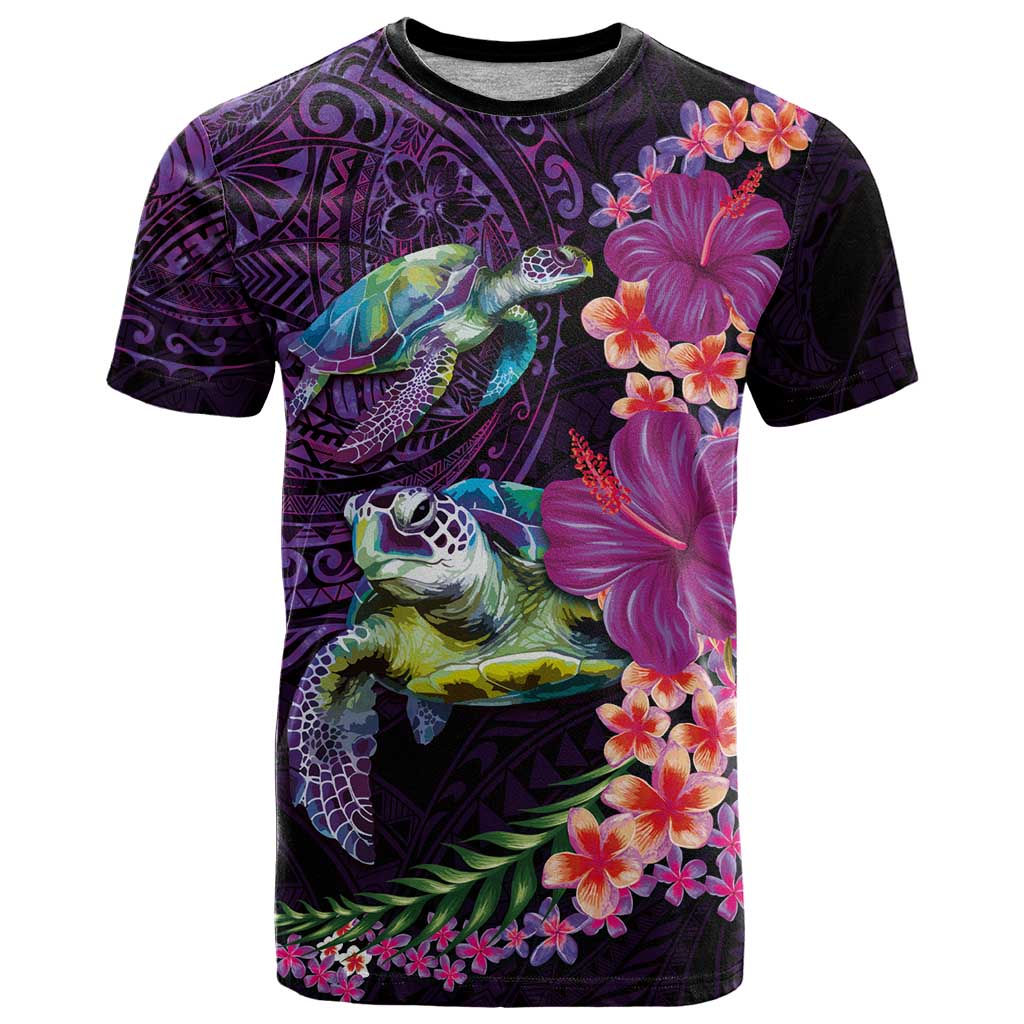 Hawaiian Plumeria and Hibiscus with Turtles T Shirt Polynesian Art Purple Color LT03 Purple - Polynesian Pride
