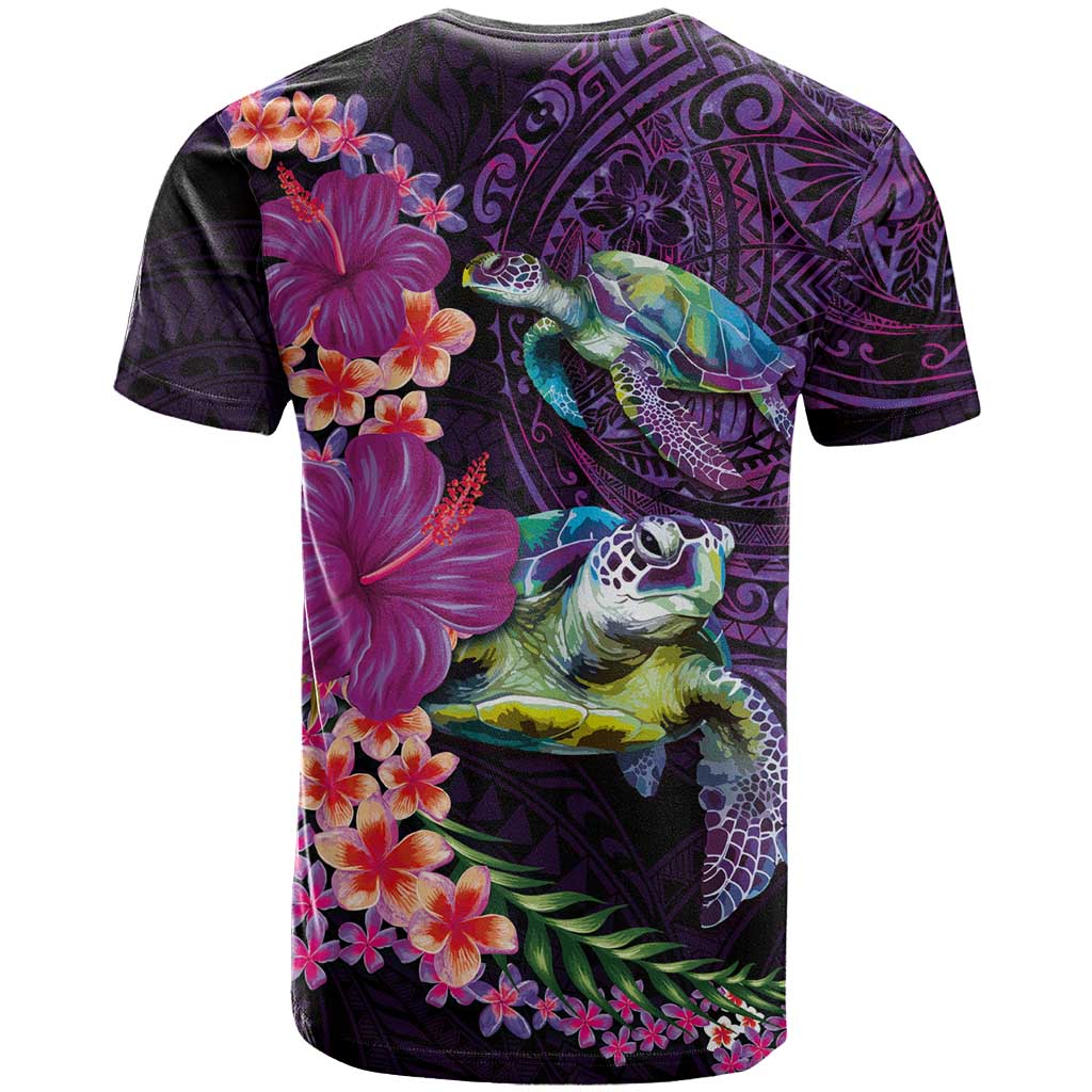 Hawaiian Plumeria and Hibiscus with Turtles T Shirt Polynesian Art Purple Color LT03 - Polynesian Pride