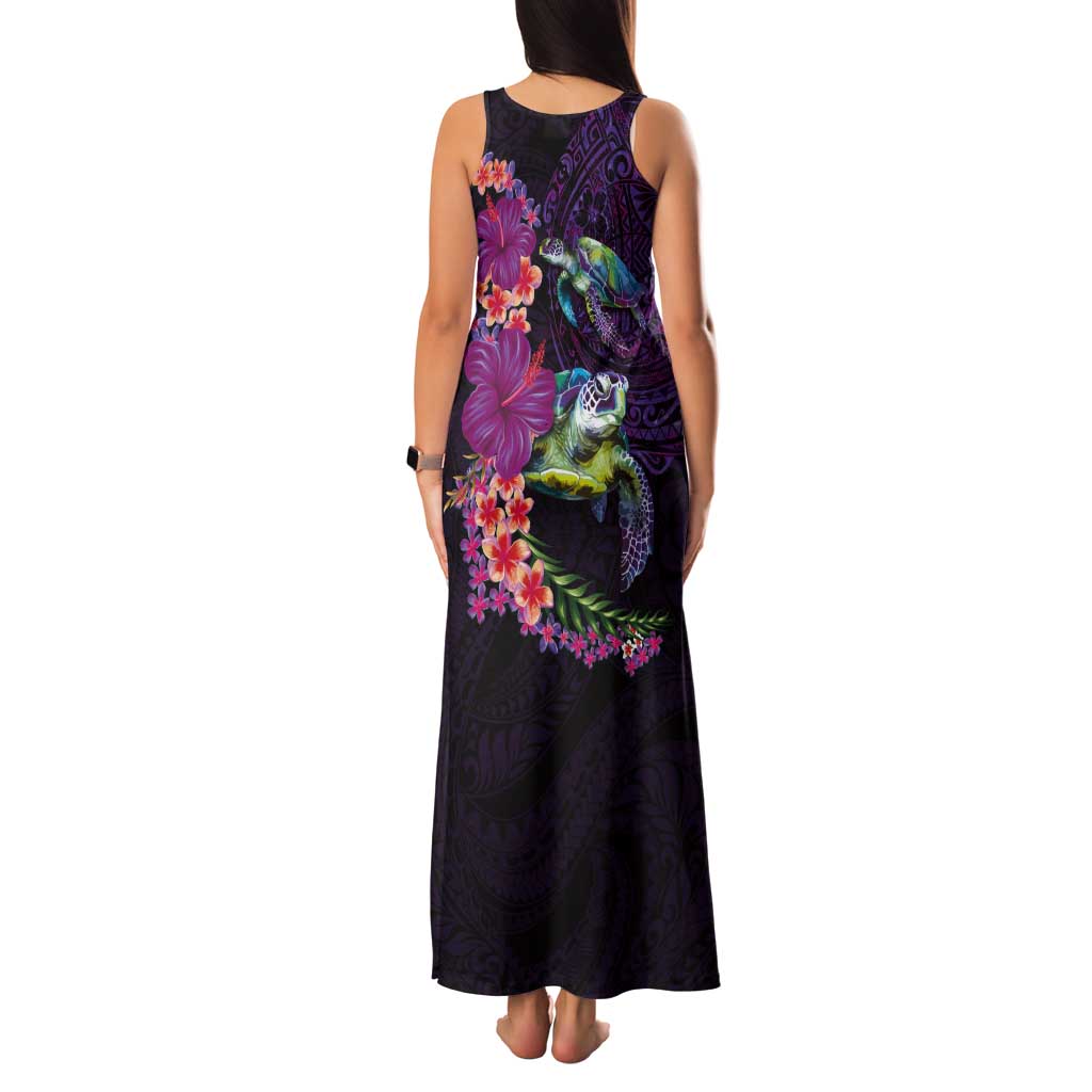 Hawaiian Plumeria and Hibiscus with Turtles Tank Maxi Dress Polynesian Art Purple Color LT03 - Polynesian Pride