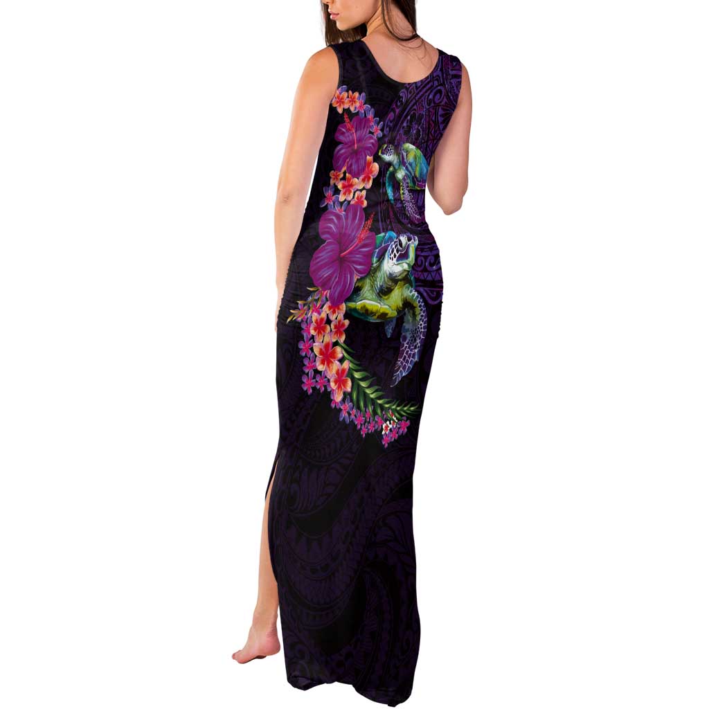 Hawaiian Plumeria and Hibiscus with Turtles Tank Maxi Dress Polynesian Art Purple Color LT03 - Polynesian Pride
