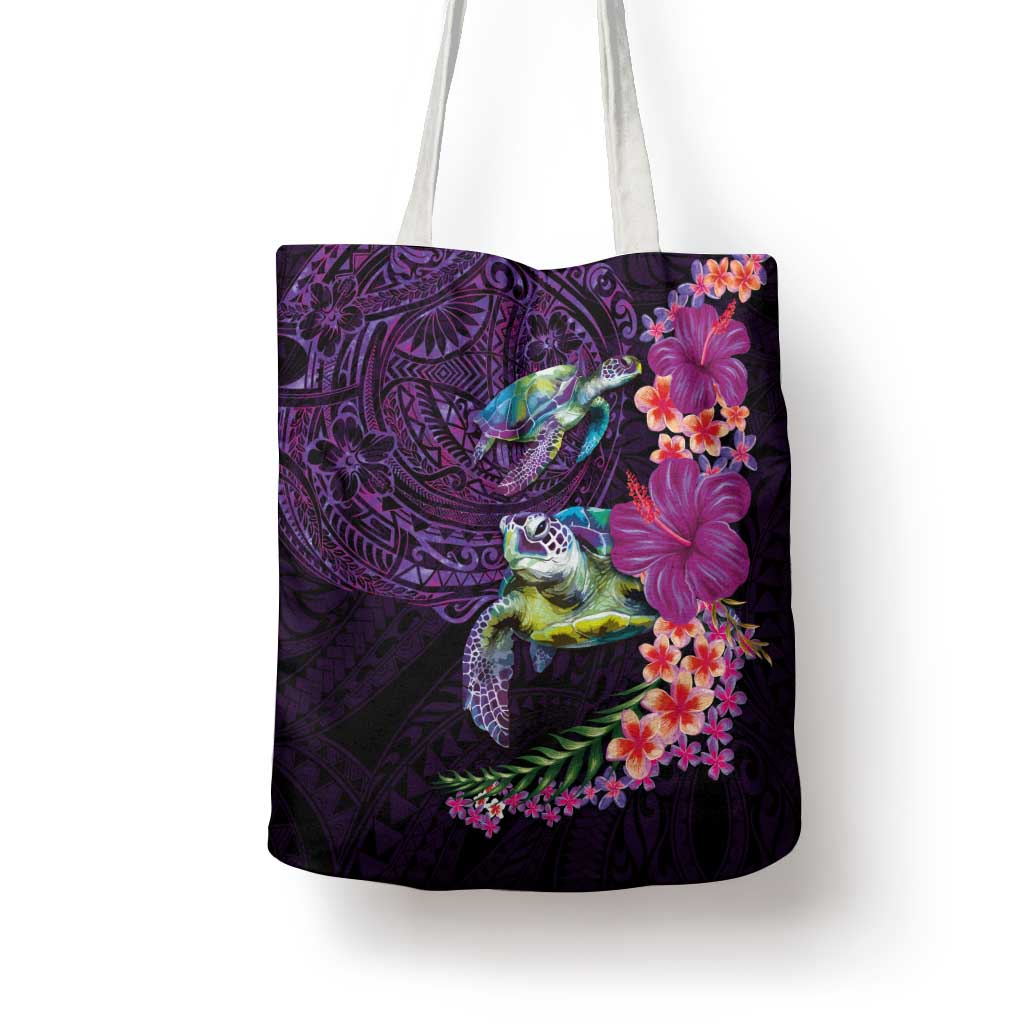 Hawaiian Plumeria and Hibiscus with Turtles Tote Bag Polynesian Art Purple Color LT03 - Polynesian Pride