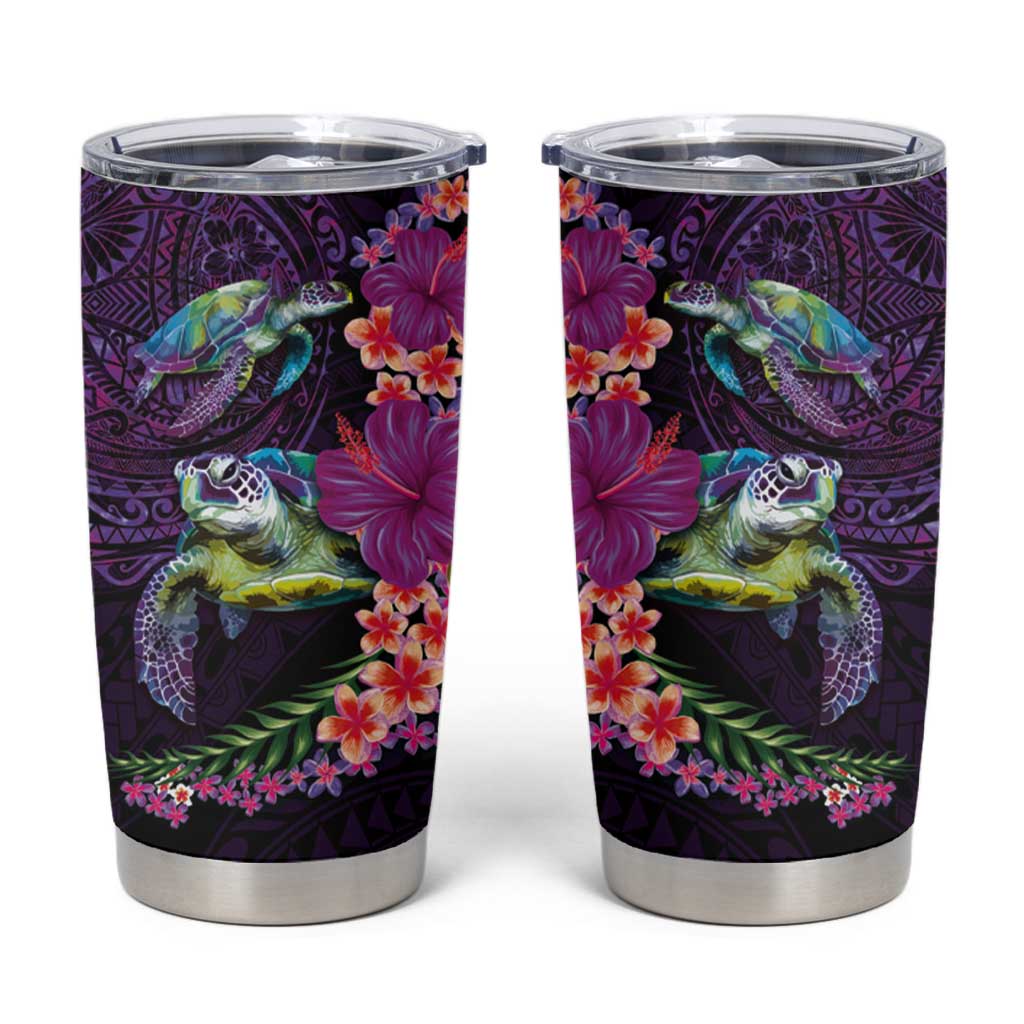 Hawaiian Plumeria and Hibiscus with Turtles Tumbler Cup Polynesian Art Purple Color LT03 Purple - Polynesian Pride