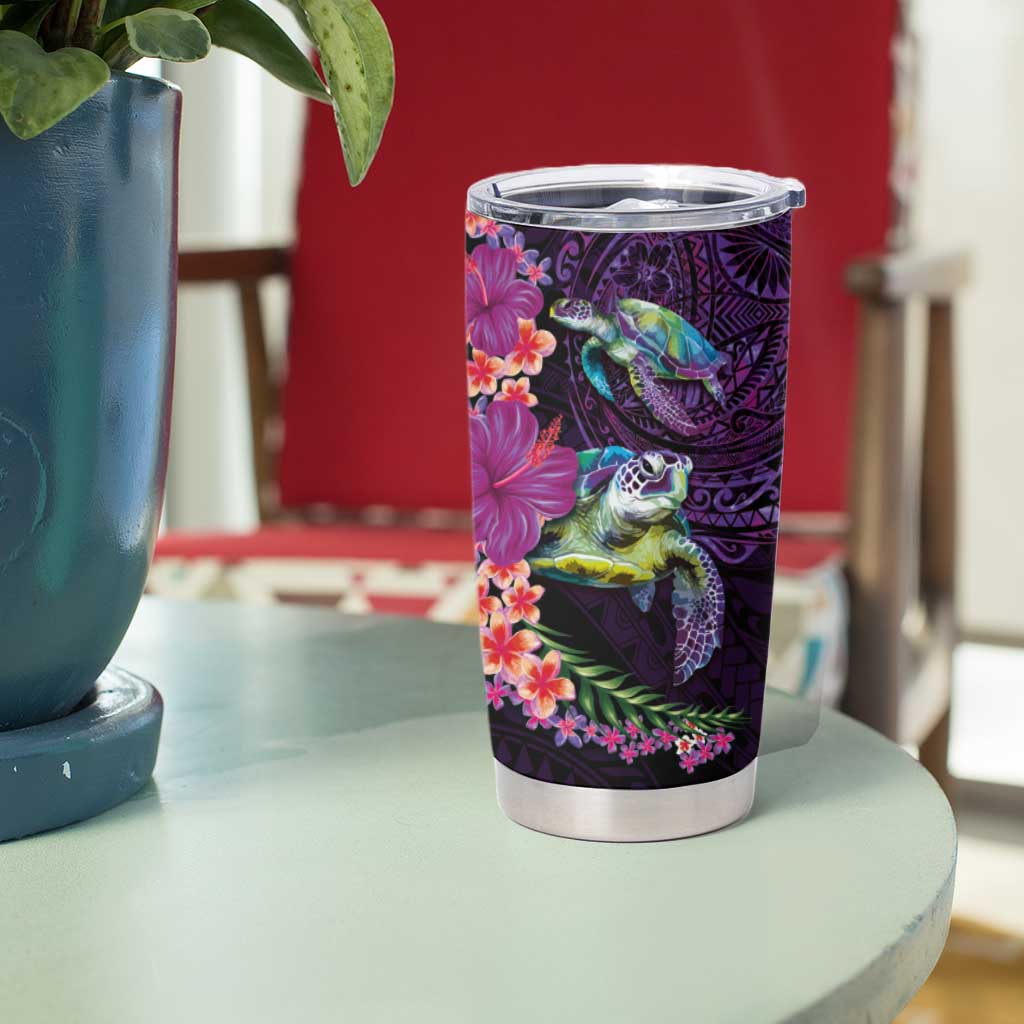 Hawaiian Plumeria and Hibiscus with Turtles Tumbler Cup Polynesian Art Purple Color LT03 - Polynesian Pride