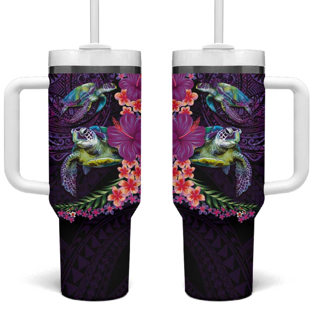 Hawaiian Plumeria and Hibiscus with Turtles Tumbler With Handle Polynesian Art Purple Color LT03 One Size: 40 oz Purple - Polynesian Pride