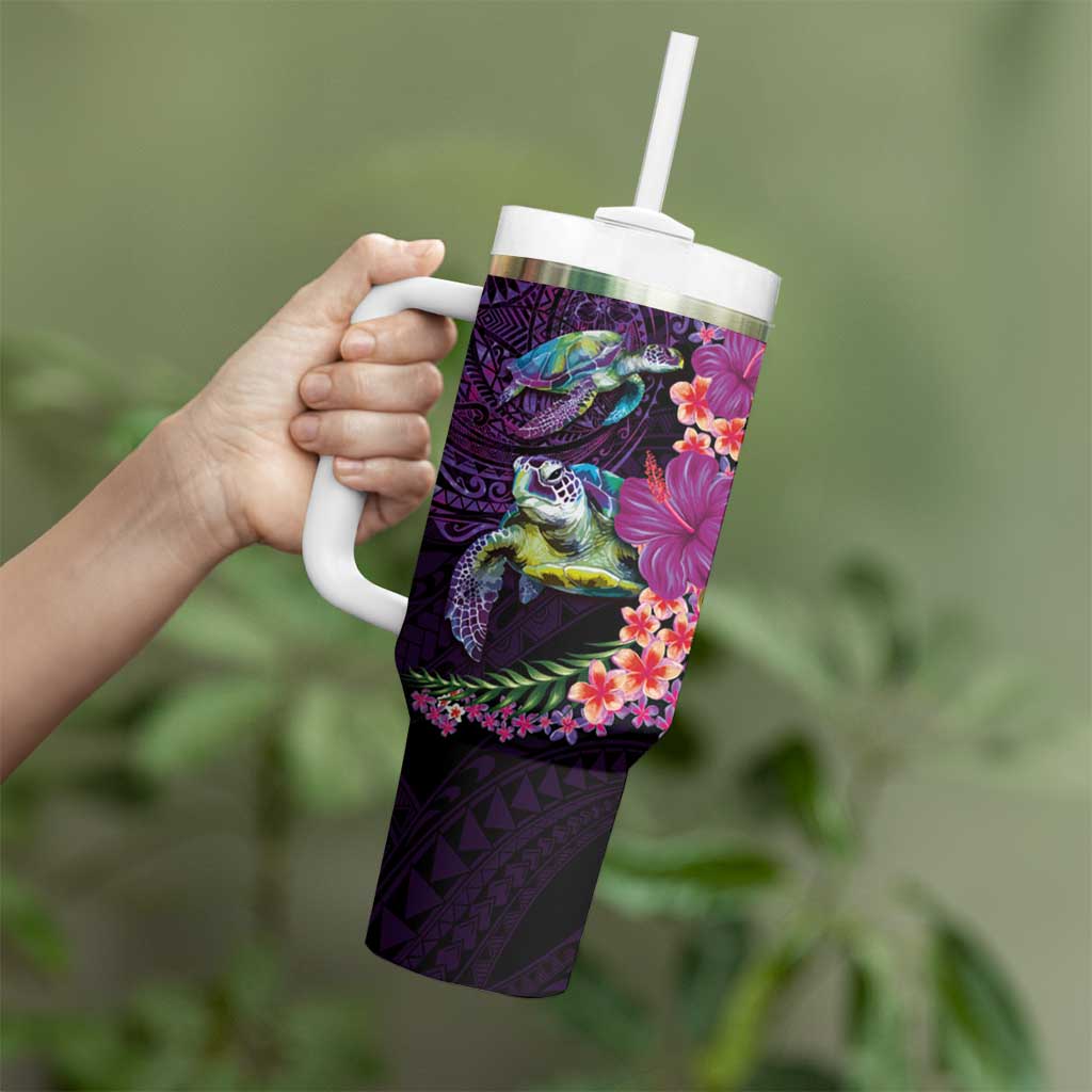 Hawaiian Plumeria and Hibiscus with Turtles Tumbler With Handle Polynesian Art Purple Color LT03 - Polynesian Pride