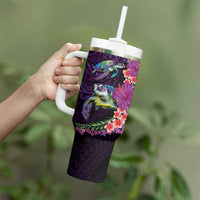Hawaiian Plumeria and Hibiscus with Turtles Tumbler With Handle Polynesian Art Purple Color LT03 - Polynesian Pride