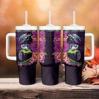 Hawaiian Plumeria and Hibiscus with Turtles Tumbler With Handle Polynesian Art Purple Color LT03 - Polynesian Pride