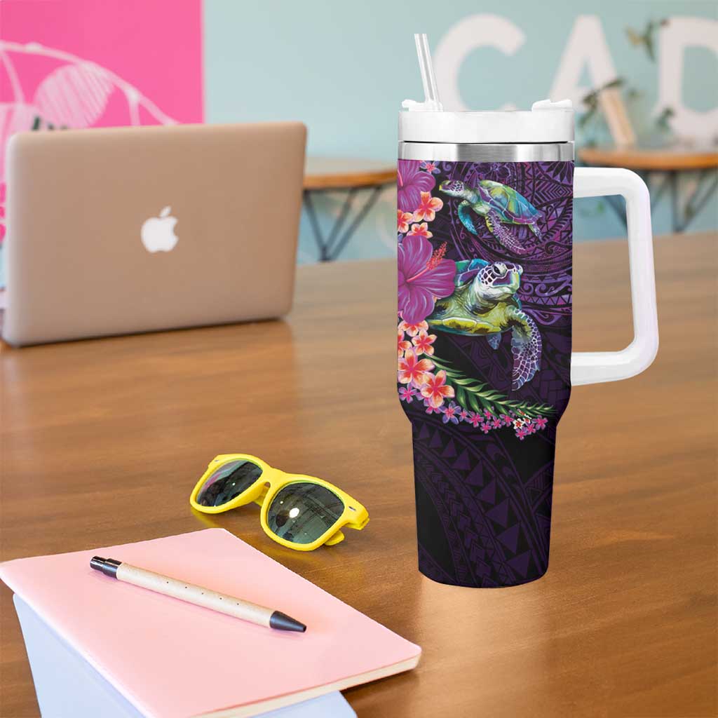 Hawaiian Plumeria and Hibiscus with Turtles Tumbler With Handle Polynesian Art Purple Color LT03 - Polynesian Pride