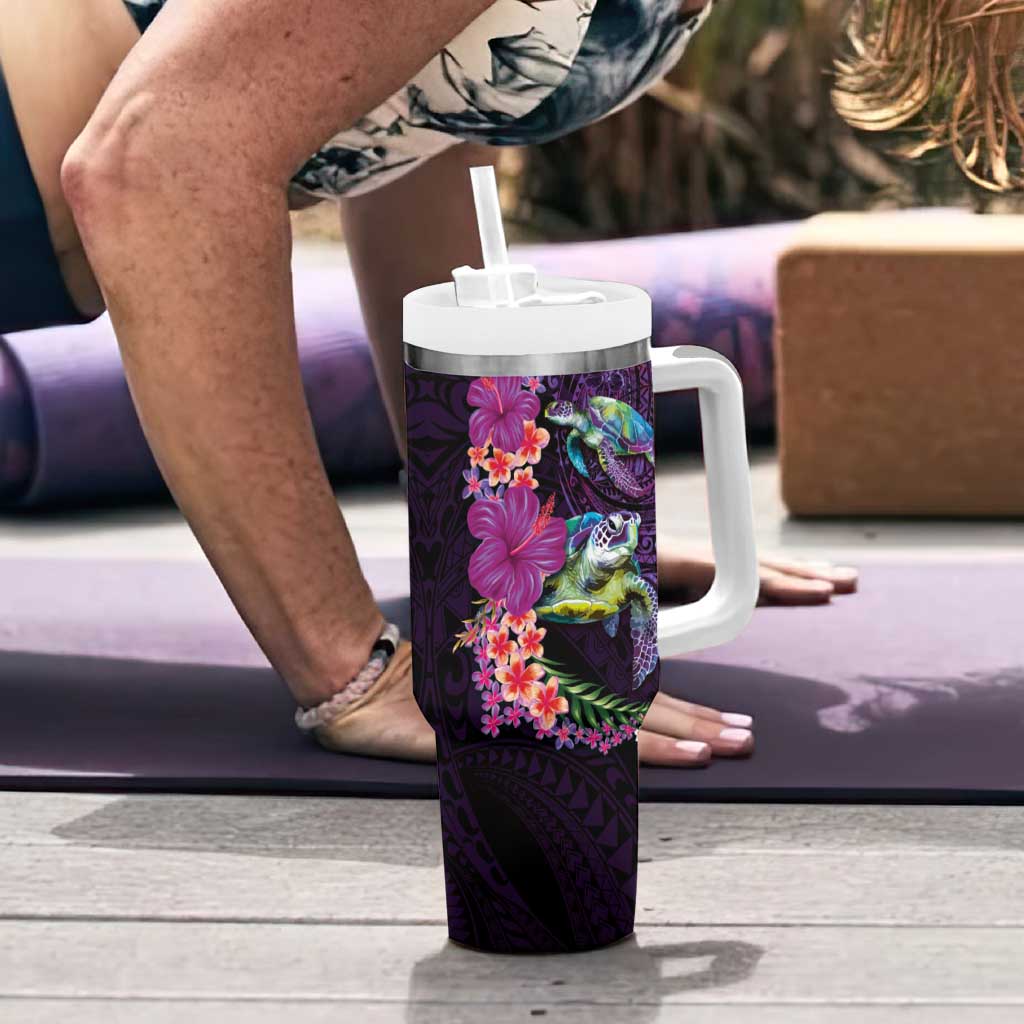 Hawaiian Plumeria and Hibiscus with Turtles Tumbler With Handle Polynesian Art Purple Color LT03 - Polynesian Pride