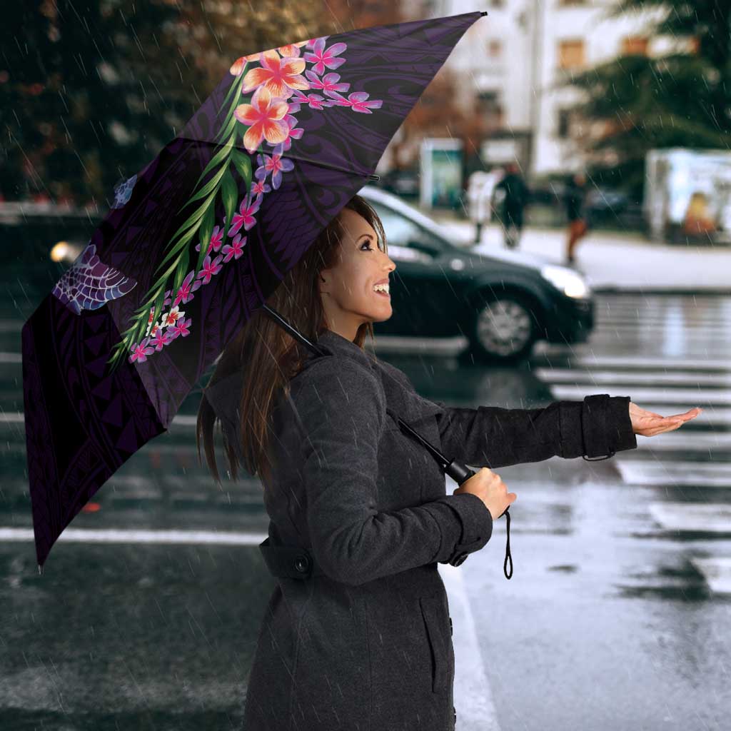 Hawaiian Plumeria and Hibiscus with Turtles Umbrella Polynesian Art Purple Color - Polynesian Pride