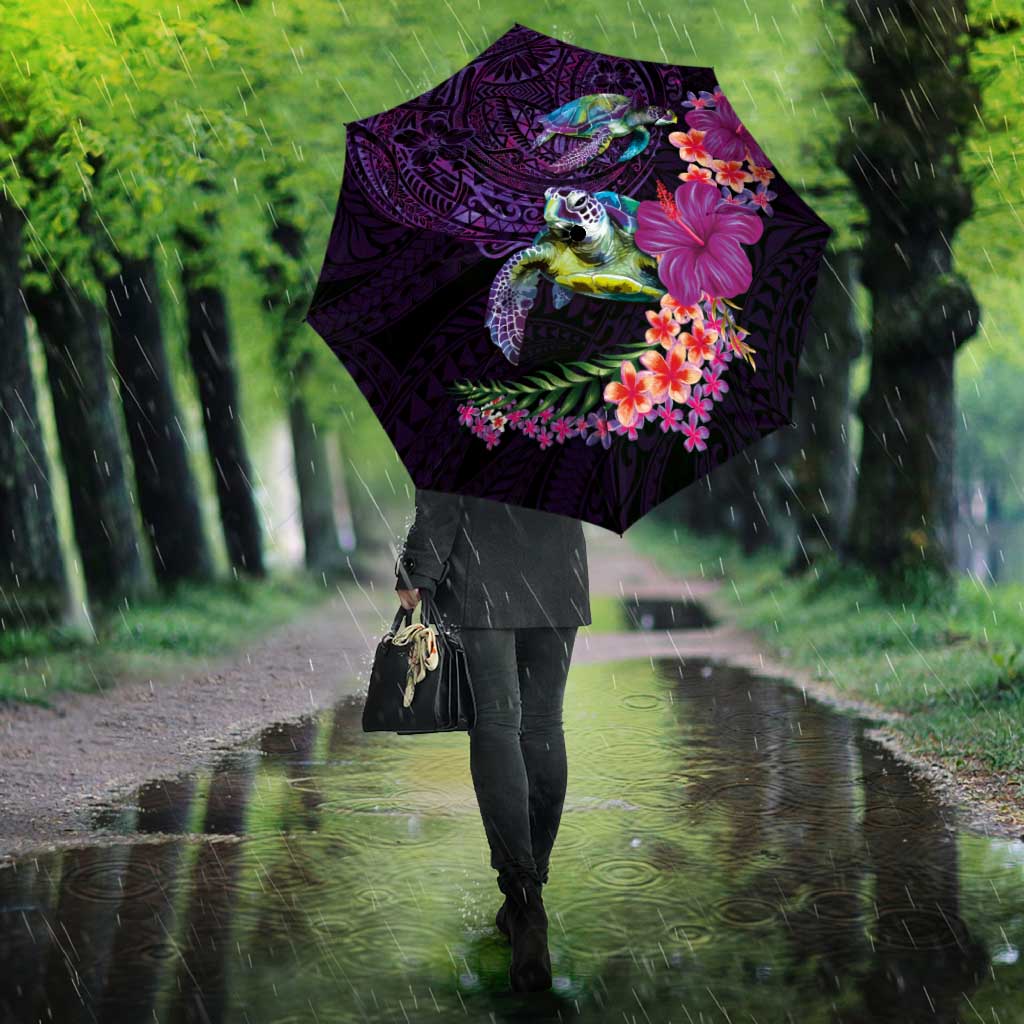 Hawaiian Plumeria and Hibiscus with Turtles Umbrella Polynesian Art Purple Color - Polynesian Pride