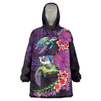 Hawaiian Plumeria and Hibiscus with Turtles Wearable Blanket Hoodie Polynesian Art Purple Color LT03 One Size Purple - Polynesian Pride