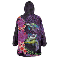 Hawaiian Plumeria and Hibiscus with Turtles Wearable Blanket Hoodie Polynesian Art Purple Color LT03 - Polynesian Pride