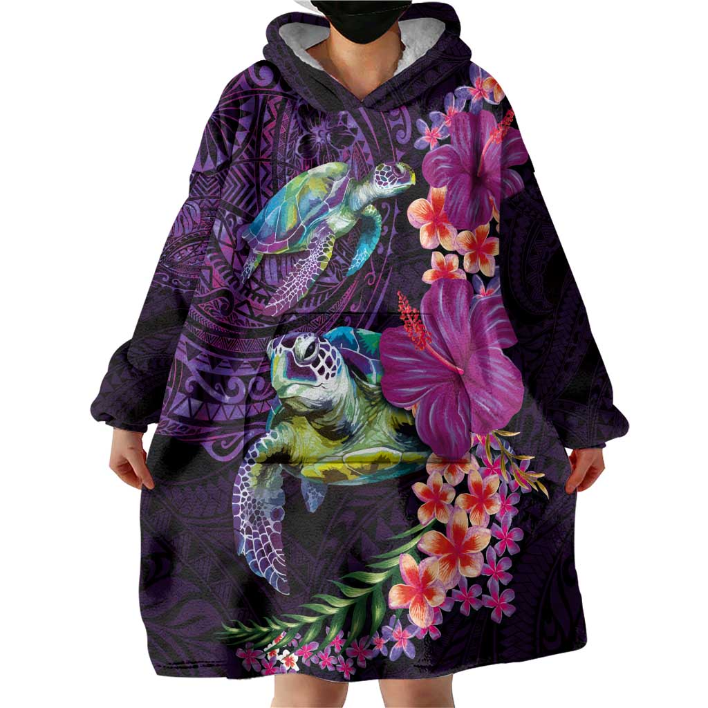 Hawaiian Plumeria and Hibiscus with Turtles Wearable Blanket Hoodie Polynesian Art Purple Color LT03 - Polynesian Pride