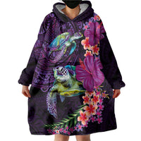 Hawaiian Plumeria and Hibiscus with Turtles Wearable Blanket Hoodie Polynesian Art Purple Color LT03 - Polynesian Pride