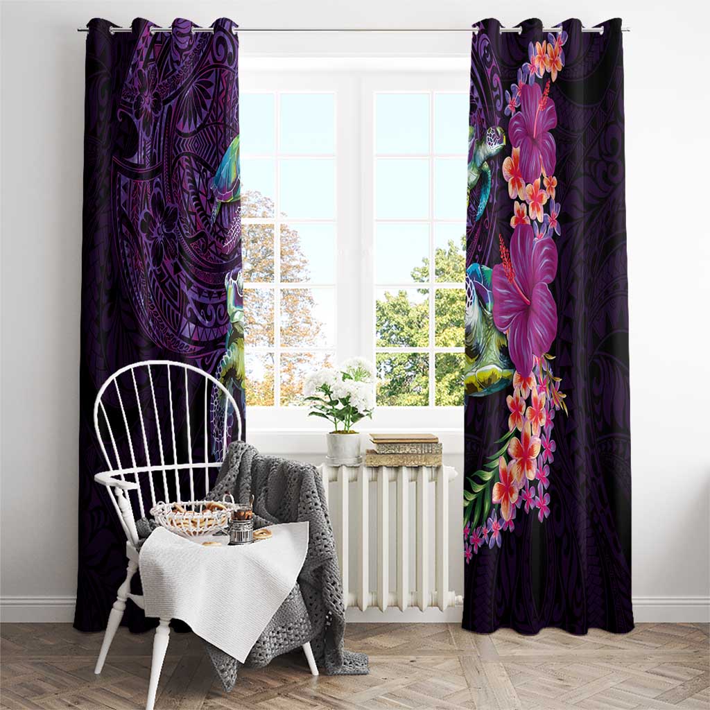 Hawaiian Plumeria and Hibiscus with Turtles Window Curtain Polynesian Art Purple Color LT03 - Polynesian Pride