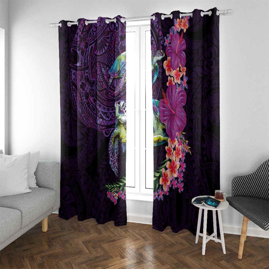 Hawaiian Plumeria and Hibiscus with Turtles Window Curtain Polynesian Art Purple Color LT03 With Grommets Purple - Polynesian Pride
