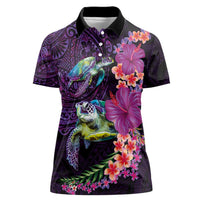 Hawaiian Plumeria and Hibiscus with Turtles Women Polo Shirt Polynesian Art Purple Color LT03 Female Purple - Polynesian Pride