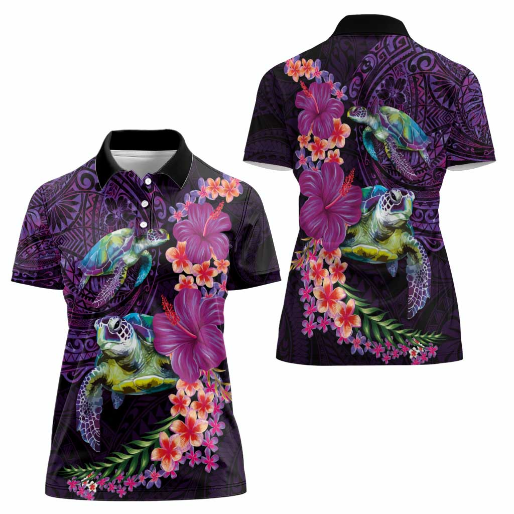 Hawaiian Plumeria and Hibiscus with Turtles Women Polo Shirt Polynesian Art Purple Color LT03 - Polynesian Pride